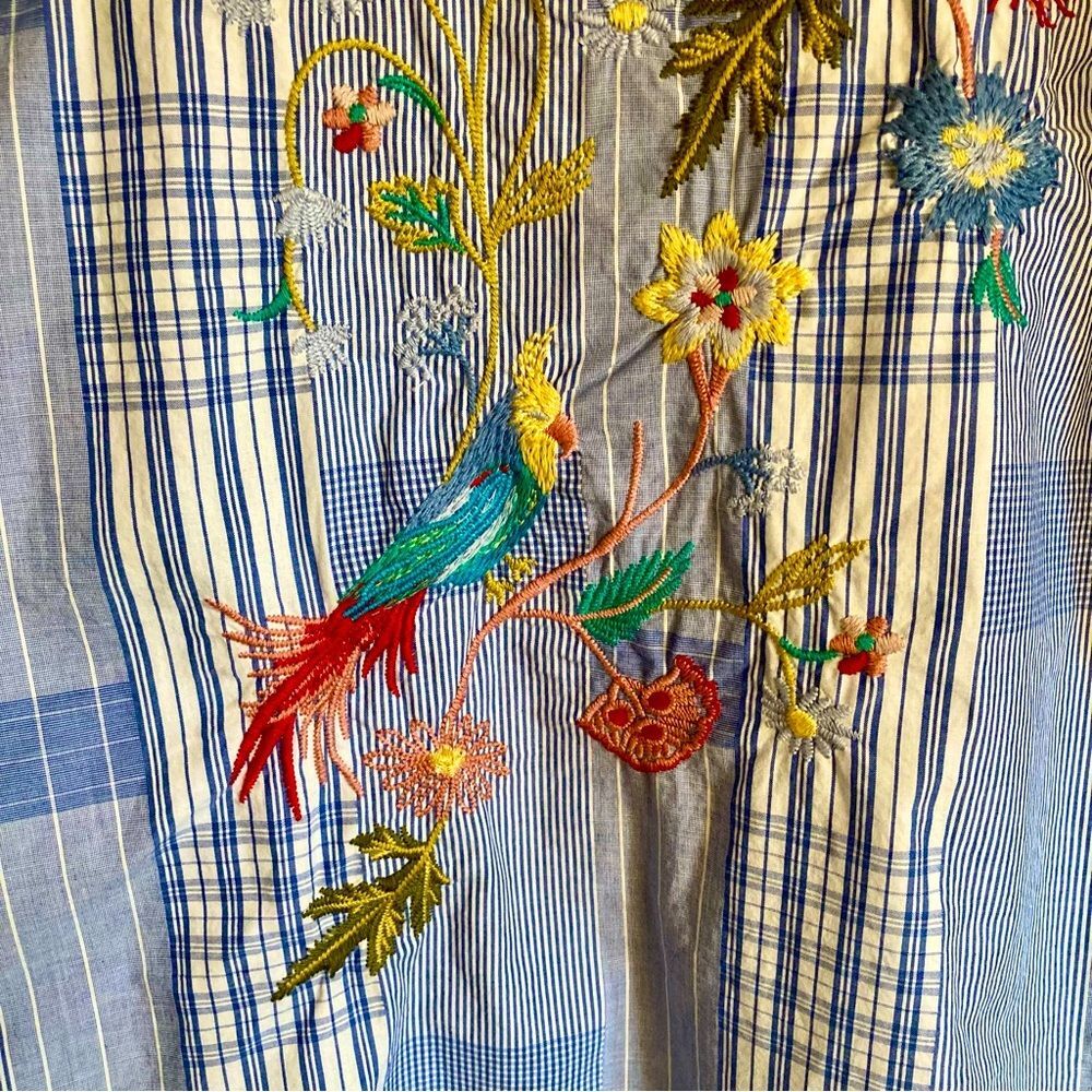 Johnny Was Zanzibar Button Down Shirt Floral Bird Embroidery Plaid Snaps Size XS - Picture 14 of 15
